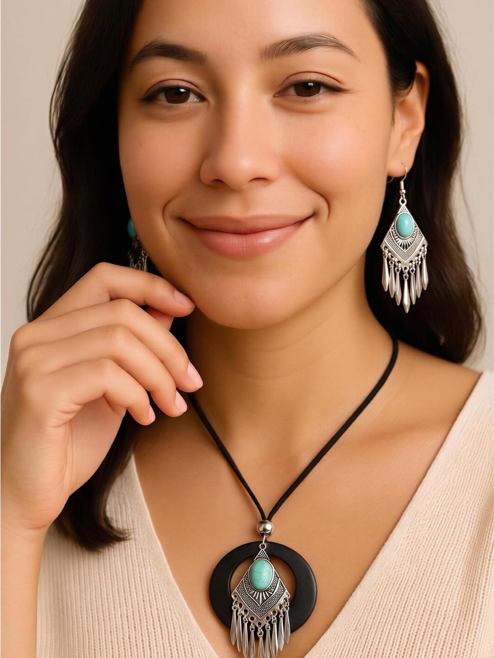 Fashion Jewelry Turquoise and Black Boho Fringe Pendant Necklace